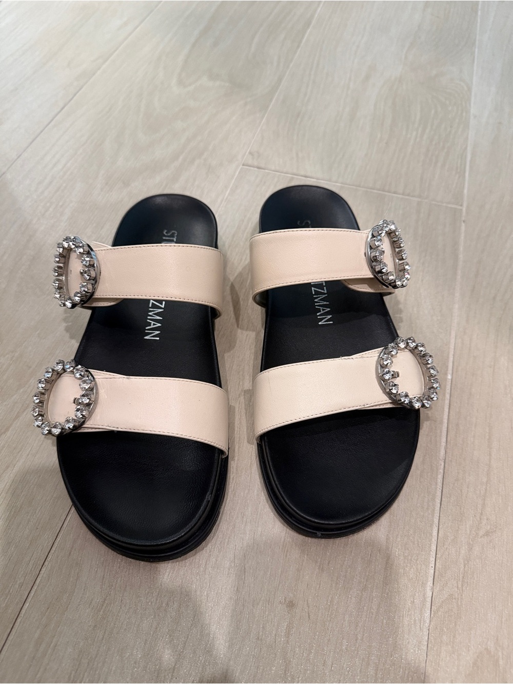 Stuart Weitzman Cream Leather Double-Strap Slide Sandals with Crystal Buckles